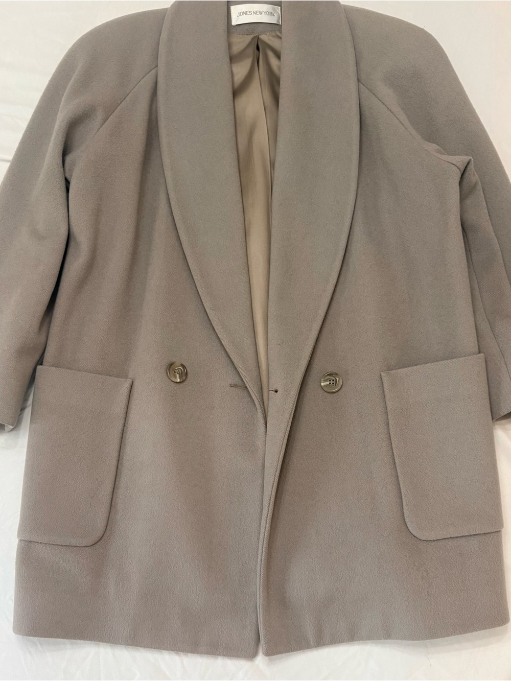 Vintage Jones New York Double Breasted Shawl Collar 100% Wool Coat Taupe L